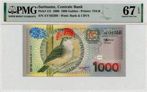 2000 Suriname 1000 Gulden PMG 67 Uncirculated Banknote: 2000 Suriname 1000 Gulden PMG 67 Uncirculated Banknote This 2000 1000 Gulden banknote from the Centrale Bank of Suriname is in uncirculated condition and has been certified by PMG with a grade of MS67