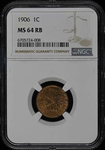 1906 Bronze Indian Cent NGC MS64RB Uncirculated Philadelphia Mint: 1906 Bronze Indian Cent NGC MS64RB Uncirculated Philadelphia Mint This 1906 Bronze Indian Cent is graded MS64RB by NGC, indicating it is in uncirculated condition. Minted in Philadelphia, this coin fe