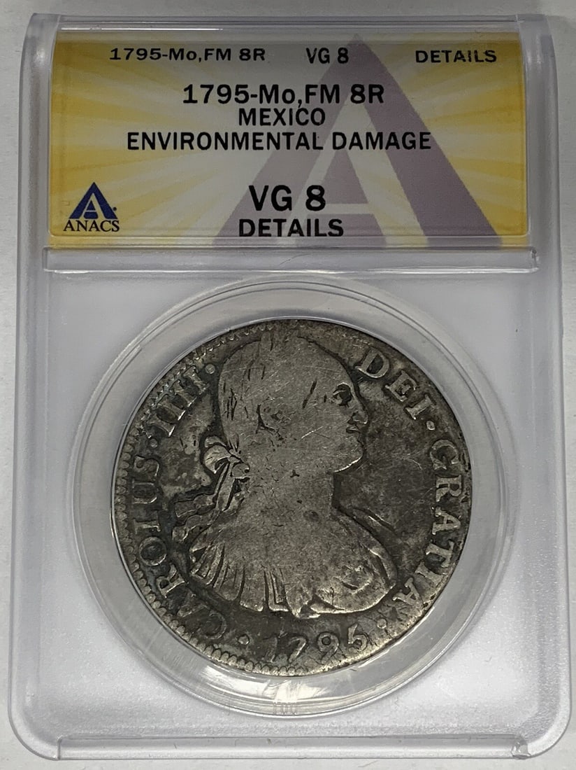 1795-Mo FM 8 Reales Silver Coin ANACS VG 8 Colonial History: 1795-Mo FM 8 Reales Silver Coin ANACS VG 8 Colonial History This 1795-Mo FM 8 Reales coin is a remarkable piece of history from the Colonial period, which lasted until 1821. Crafted from silver, this 