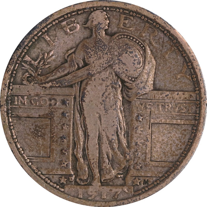 1917-D Standing Liberty Quarter Silver Circulated Numismatic Coin: 1917-D Standing Liberty Quarter Silver Circulated Numismatic Coin This 1917-D Type 1 Standing Liberty Quarter showcases the classic design and historical significance of early 20th-century American co