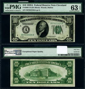 1928-A $10 Federal Reserve Note PMG CU63 EPQ Choice: 1928-A $10 Federal Reserve Note PMG CU63 EPQ Choice This 1928-A Federal Reserve Note boasts a denomination of $10 and has been graded as Choice Uncirculated (CU63 EPQ) by PMG, ensuring its excellent c