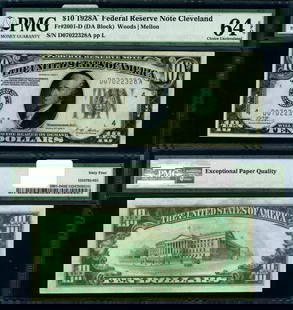 1928-A $10 Federal Reserve Note Cleveland PMG CU64 EPQ: 1928-A $10 Federal Reserve Note Cleveland PMG CU64 EPQ This is a 1928-A $10 Federal Reserve Note from the Cleveland district, graded as CU64 EPQ (Choice Uncirculated) by PMG, ensuring its excellent co