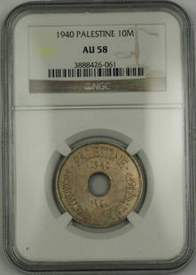 1940 Palestine 10 Mils Coin NGC AU-58 Certified Collectible: 1940 Palestine 10 Mils Coin NGC AU-58 Certified Collectible This 1940 Palestine 10 Mils coin is a notable piece of numismatic history. It has been certified by NGC with a grade of AU-58, indicating it