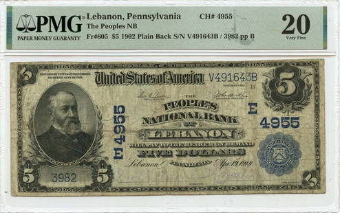 1902 $5 Peoples National Bank Lebanon PA PMG VF20 Currency Note: 1902 $5 Peoples National Bank Lebanon PA PMG VF20 Currency Note This 1902 $5 note from the Peoples National Bank of Lebanon, PA, is a remarkable piece of currency history. Graded as VF20 by PMG, it sh