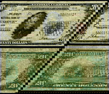 1929 T-1 $20 National Bank Note Peoples NB Plymouth Ohio: 1929 T-1 $20 National Bank Note Peoples NB Plymouth Ohio This 1929 T-1 National Bank Note from Peoples National Bank in Plymouth, Ohio, features a denomination of $20 and is in Fine+ condition. The no
