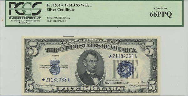 1934D $5 Silver Certificate FR#1654* PCGS 66 Gem Wide I Star Note: 1934D $5 Silver Certificate FR#1654* PCGS 66 Gem Wide I Star Note This 1934D $5 Silver Certificate (FR#1654*) is graded MS66 by PCGS Currency, ensuring its quality as a Gem note. This uncirculated pie