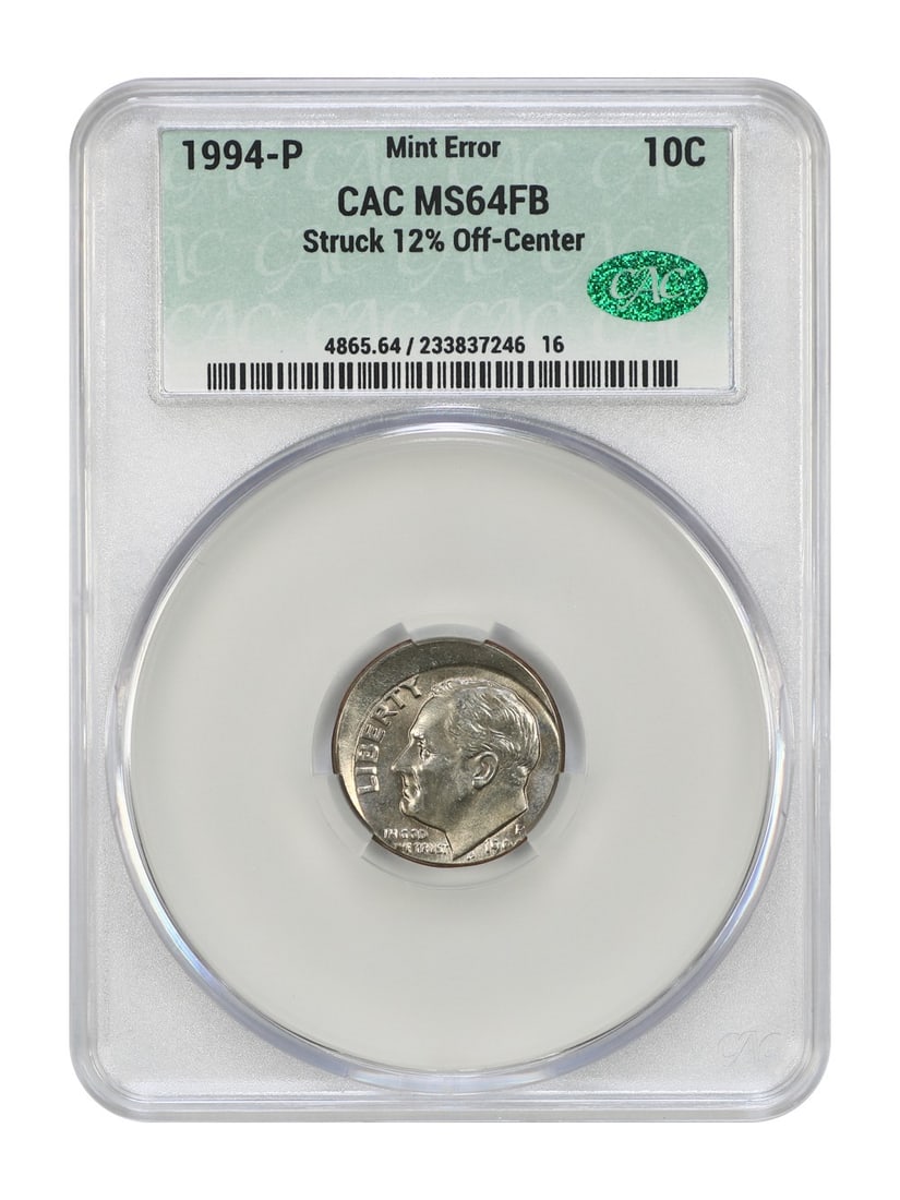 1994-P Roosevelt Dime Mint Error 12% Off-Center CACG MS64FB: 1994-P Roosevelt Dime Mint Error 12% Off-Center CACG MS64FB This is a 1994-P Roosevelt dime, featuring a striking mint error where the coin was struck 12% off-center. Certified by CACG with a grade of