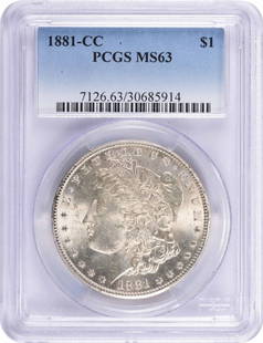 1881-CC Morgan Silver Dollar MS63 PCGS Uncirculated Coin: 1881-CC Morgan Silver Dollar MS63 PCGS Uncirculated Coin This 1881-CC Morgan Silver Dollar is a remarkable piece of numismatic history, featuring a grade of MS63 by PCGS. Struck in 1881 at the Carson