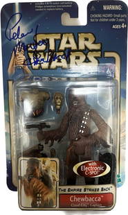 Peter Mayhew Signed Chewbacca Action Figure 2002-04 Star Wars Beckett Authenticated: Peter Mayhew Signed Chewbacca Action Figure 2002-04 Star Wars Beckett Authenticated This is a signed action figure from the 2002-04 Star Wars Saga Collection, featuring Chewbacca as portrayed by Peter