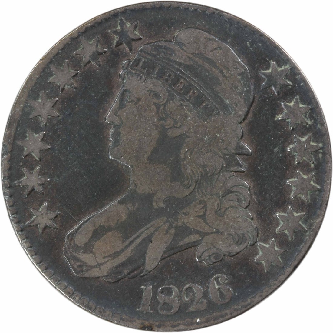 1826 Bust Half Dollar Coin by John Reich Uncertified: 1826 Bust Half Dollar Coin by John Reich Uncertified This 1826 Bust Half Dollar is a remarkable collectible coin, featuring a design by John Reich. It is classified as circulated and holds a grade of 