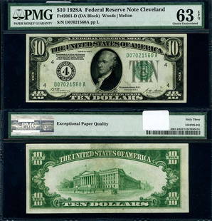 1928-A $10 Federal Reserve Note PMG CU63 Cleveland D-A Block: 1928-A $10 Federal Reserve Note PMG CU63 Cleveland D-A Block This 1928-A $10 Federal Reserve Note from the Cleveland district is a remarkable piece for any collector. Rated as Choice Uncirculated (CU6