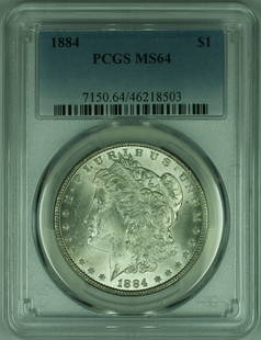 1884 Morgan Silver Dollar PCGS MS-64 Uncirculated Silver Coin: 1884 Morgan Silver Dollar PCGS MS-64 Uncirculated Silver Coin This 1884 Morgan Silver Dollar is a remarkable piece of numismatic history. Graded MS-64 by PCGS, it is classified as uncirculated, showca