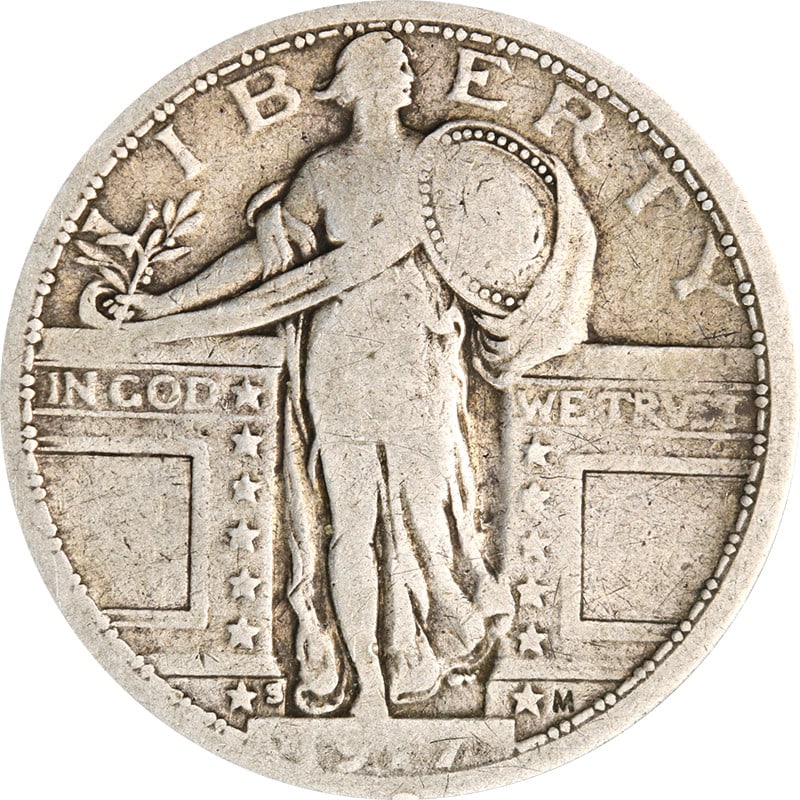 1917-S Silver Type 1 Standing Liberty Quarter Circulated: 1917-S Silver Type 1 Standing Liberty Quarter Circulated This 1917-S Type 1 Standing Liberty Quarter showcases a classic design from the early 20th century. Minted in San Francisco, this quarter is co
