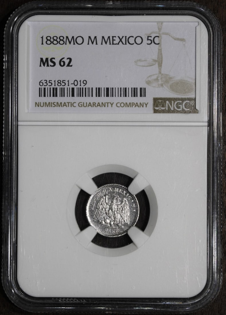 1888-Mo Mexico 5 Centavo Coin NGC MS62 Proof Like Silver: 1888-Mo Mexico 5 Centavo Coin NGC MS62 Proof Like Silver This 1888-Mo Mexico 5 Centavo coin showcases uncirculated proof-like surfaces, making it an excellent addition for collectors. Struck during th