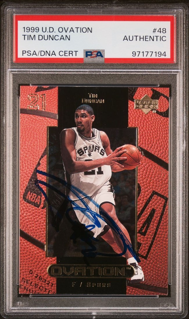1999-2000 Upper Deck Ovation Tim Duncan Signed Card PSA Slabbed Spurs: 1999-2000 Upper Deck Ovation Tim Duncan Signed Card PSA Slabbed Spurs This 1999-2000 Upper Deck Ovation #48 sports trading card features the autograph of NBA legend Tim Duncan, who is celebrated for h
