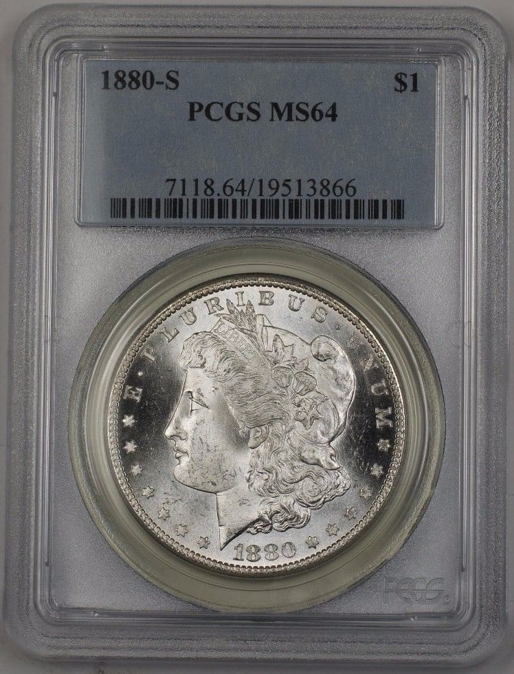 1880-S Morgan Silver Dollar Coin PCGS MS-64 Uncirculated: 1880-S Morgan Silver Dollar Coin PCGS MS-64 Uncirculated This 1880-S US Morgan Silver Dollar Coin is a remarkable piece of history, graded MS 64 by PCGS, ensuring its high quality and authenticity. Mi