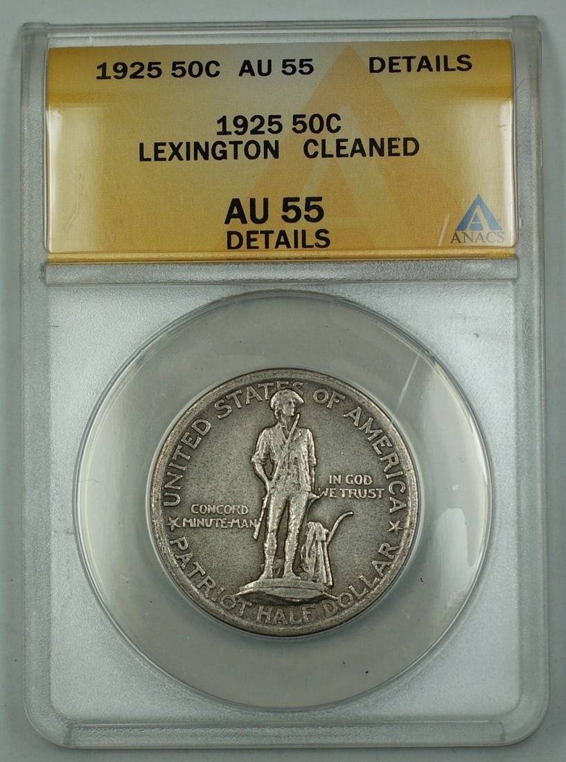 1925 Lexington Commemorative Silver Half Dollar Coin ANACS AU 55: 1925 Lexington Commemorative Silver Half Dollar Coin ANACS AU 55 This 1925 Lexington Commemorative Silver Half Dollar Coin showcases a rich history, minted in Philadelphia and composed of silver. Grad