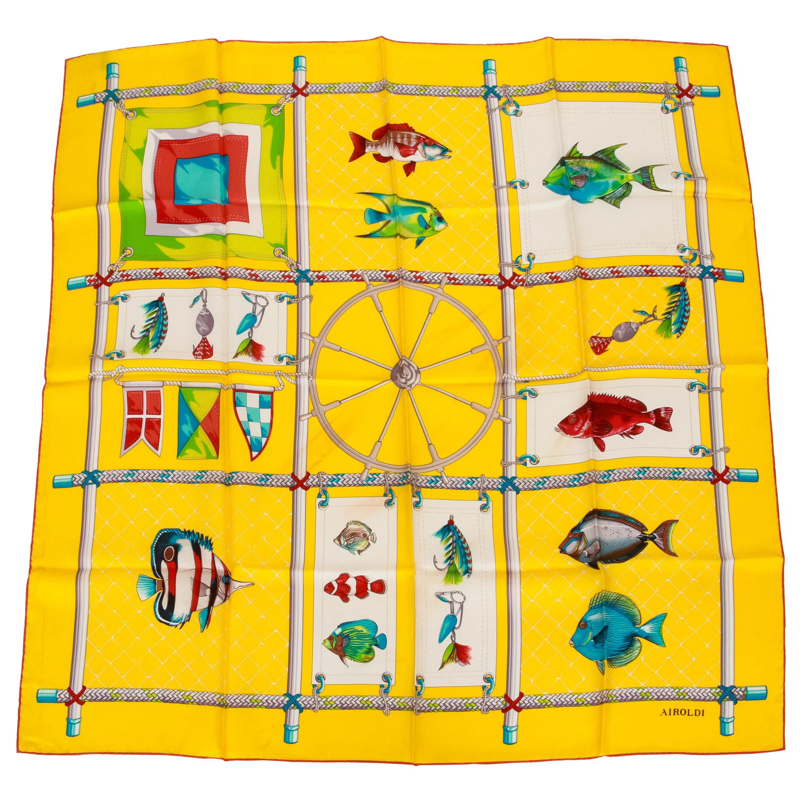 Airoldi Yellow Fish Design Silk Scarf 35 in Made in Italy: Airoldi Yellow Fish Design Silk Scarf 35 in Made in Italy Elevate your accessory collection with this exquisite Airoldi silk scarf featuring a vibrant fish design. Crafted in Italy, this premium scarf