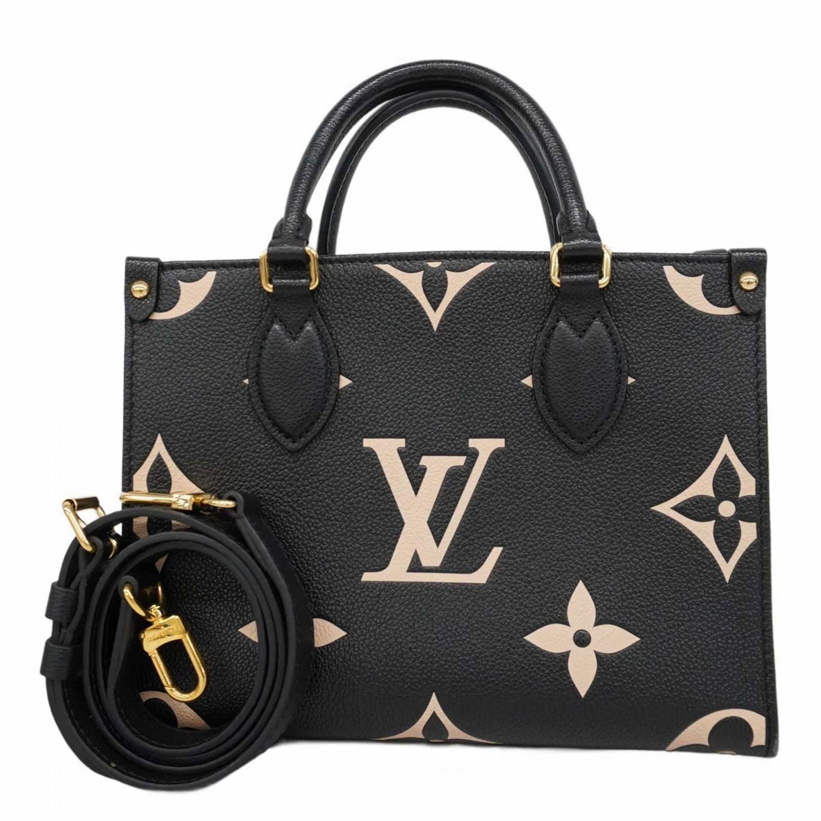 Louis Vuitton Monogram Empreinte Bicolor On the Go PM Tote Bag Black Beige: Louis Vuitton Monogram Empreinte Bicolor On the Go PM Tote Bag Black Beige Elevate your style with this Louis Vuitton On the Go PM Tote Bag, expertly crafted from Monogram Empreinte leather in a chic