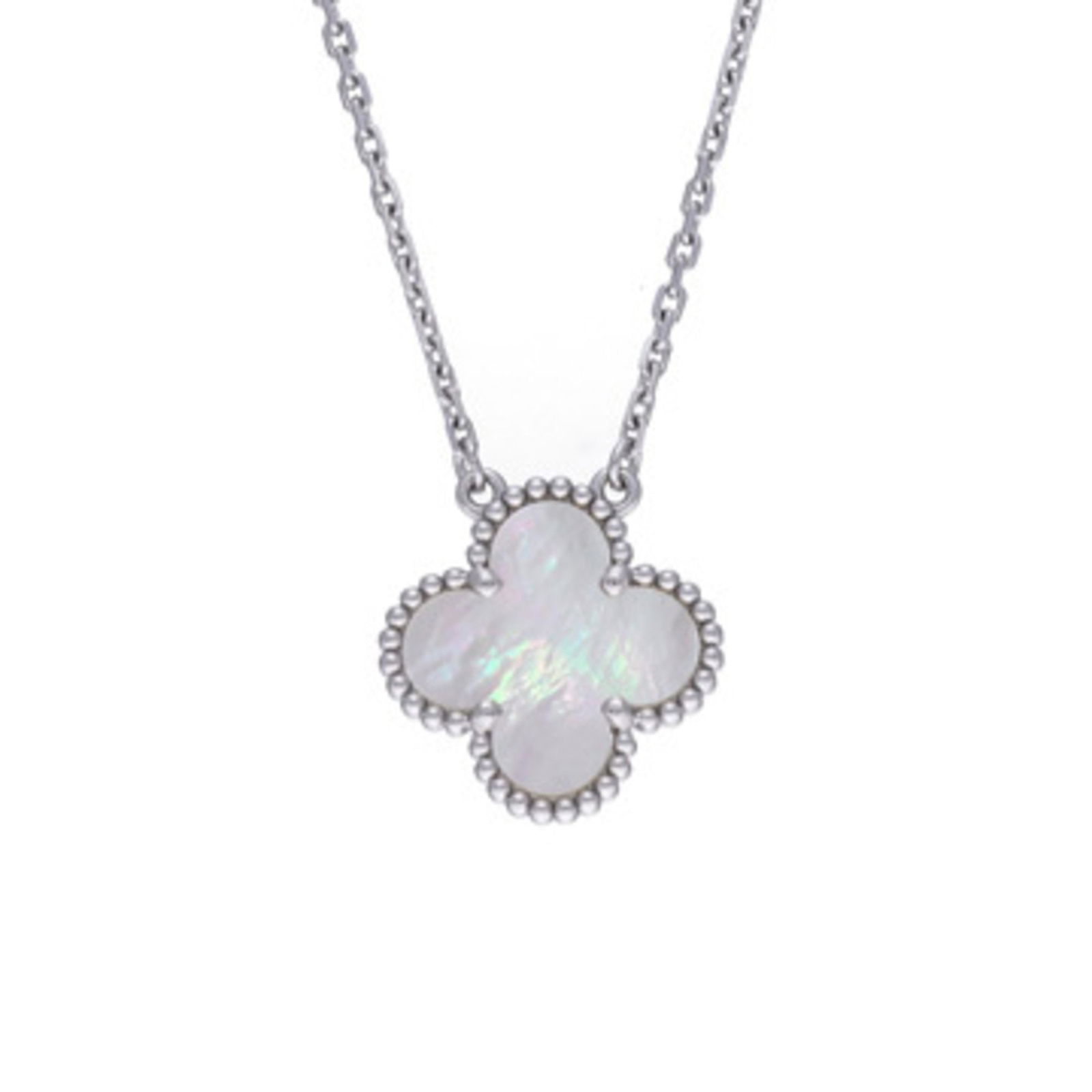 Van Cleef & Arpels Vintage Alhambra Necklace 18K White Gold Mother of Pearl Pendant: Van Cleef & Arpels Vintage Alhambra Necklace 18K White Gold Mother of Pearl Pendant This exquisite Van Cleef & Arpels Vintage Alhambra Necklace features a stunning mother of pearl pendant set in luxur
