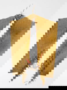 Vintage Native American Buckskin Chaps with Beaded Detail 38 inch: Vintage Native American Buckskin Chaps with Beaded Detail 38 inch Discover a unique pair of vintage Native American chaps crafted from premium buckskin. These beautifully hand-stitched pants feature i