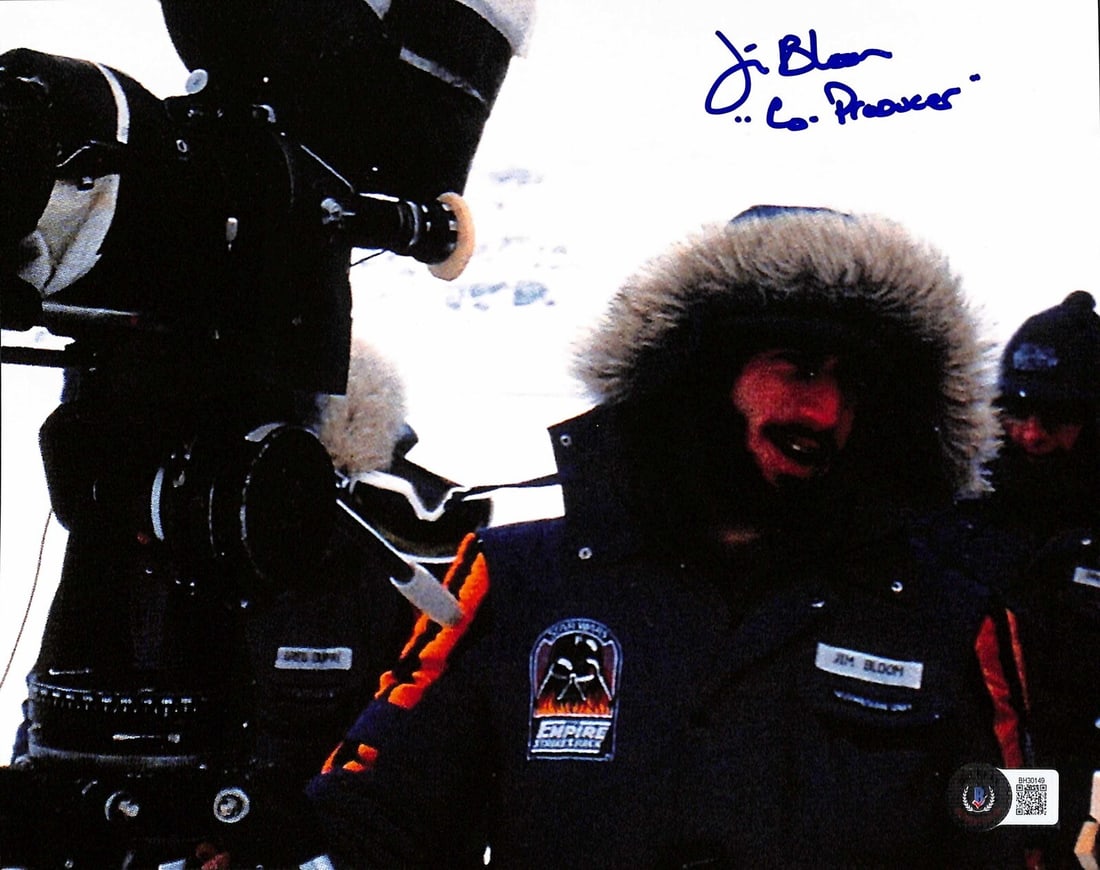 Jim Bloom Signed Star Wars ESB 8x10 Photo with Beckett Authentication: Jim Bloom Signed Star Wars ESB 8x10 Photo with Beckett Authentication This 8x10 photograph features the signature of Jim Bloom, a co-producer of Star Wars: The Empire Strikes Back. It is autographed i