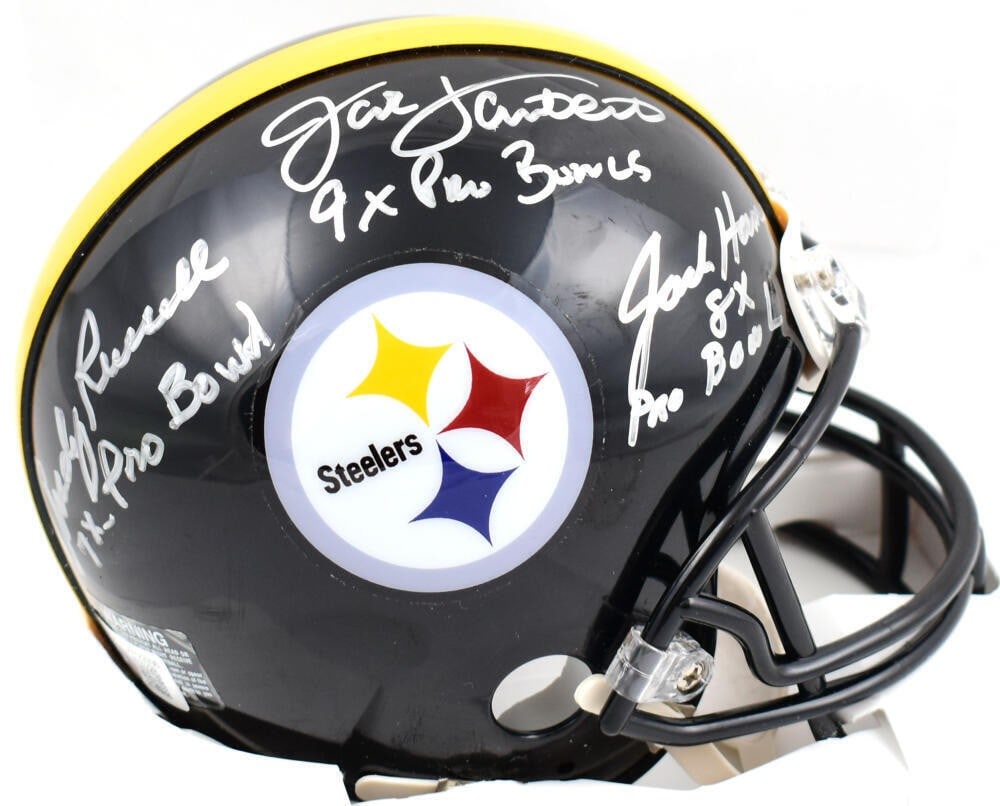 Pittsburgh Steelers Mini Helmet Signed by Ham Lambert Russell Beckett Authenticated: Pittsburgh Steelers Mini Helmet Signed by Ham Lambert Russell Beckett Authenticated This is a hand autographed mini helmet featuring the signatures of football legends Jack Ham, Jack Lambert, and Andy