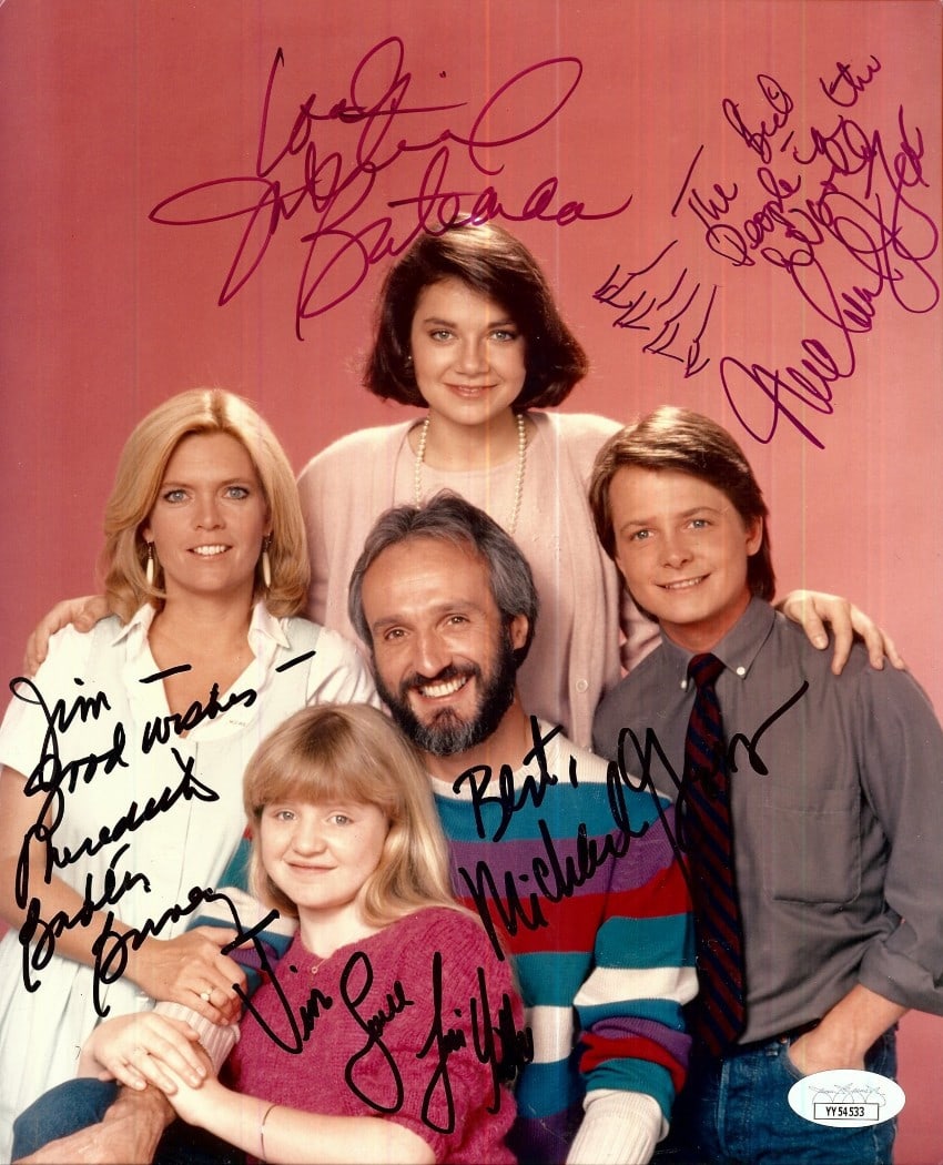 Family Ties Cast Signed 8X10 Photo JSA Authenticated: Family Ties Cast Signed 8X10 Photo JSA Authenticated This is an original 8X10 photograph from the beloved television series Family Ties, beautifully signed by the main cast members: Michael J. Fox, Ju