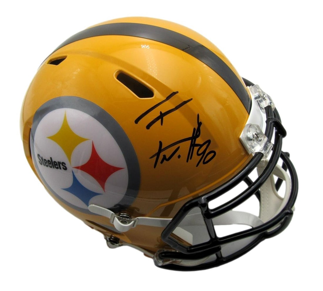 T.J. Watt Autographed Gold Full Size Replica Helmet Steelers BAS Authenticated: T.J. Watt Autographed Gold Full Size Replica Helmet Steelers BAS Authenticated This T.J. Watt signed gold full-size replica football helmet is a must-have for any Pittsburgh Steelers fan. Authenticate