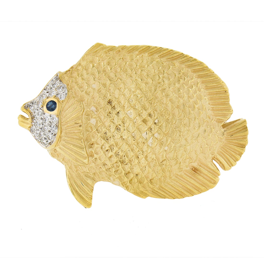 Vintage 18K Yellow Gold Puffer Fish Brooch with Sapphire and Diamond Accents: Vintage 18K Yellow Gold Puffer Fish Brooch with Sapphire and Diamond Accents This exquisite 18K Yellow Gold brooch showcases a beautifully textured detailed puffer fish design, adorned with a stunning