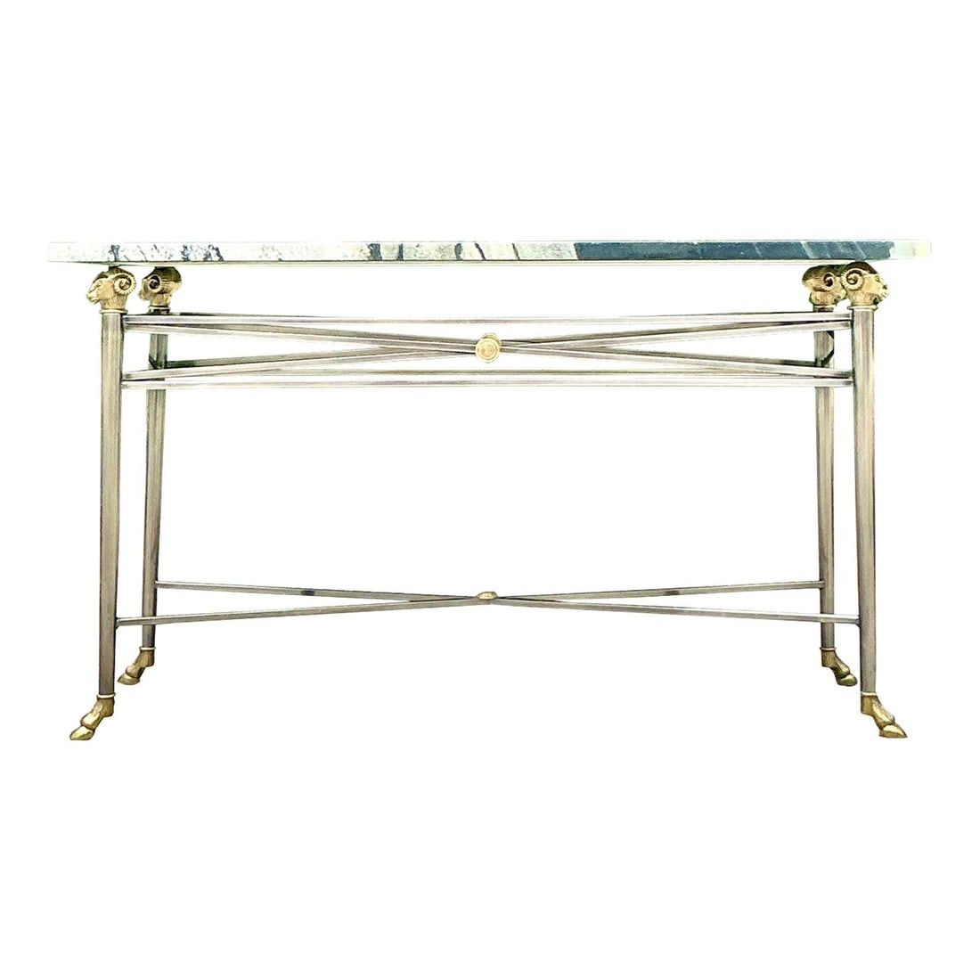 Vintage Rams Head Console Table Gray Metal Stone Design: Vintage Rams Head Console Table Gray Metal Stone Design This Vintage Contemporary Rams Head Console Table showcases a striking combination of modern design and timeless elegance. It features intricate