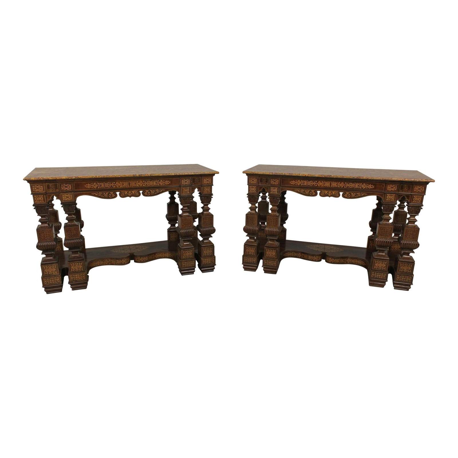 Antique Charles X Console Tables Pair with Inlaid Marble Tops 1820s: Antique Charles X Console Tables Pair with Inlaid Marble Tops 1820s This pair of Antique Charles X Console Tables, dating back to the 1820s, showcases exquisite craftsmanship with finely inlaid marble