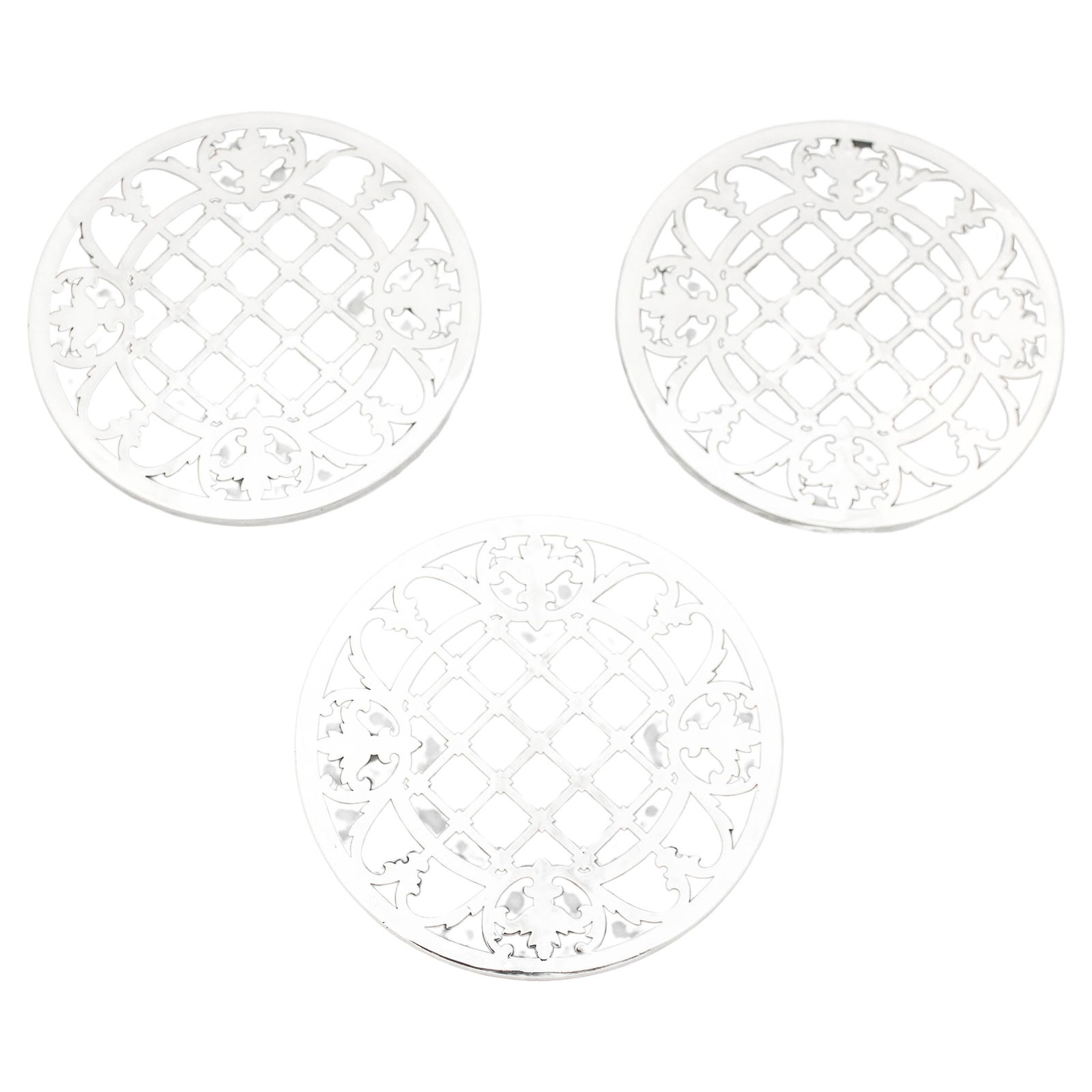 Vintage Set of 3 Sterling Silver Glass Trivets 7" Diameter: Vintage Set of 3 Sterling Silver Glass Trivets 7" Diameter This exquisite set of three matching sterling silver trivets features a beautifully reticulated design overlaying glass. Each trivet measures