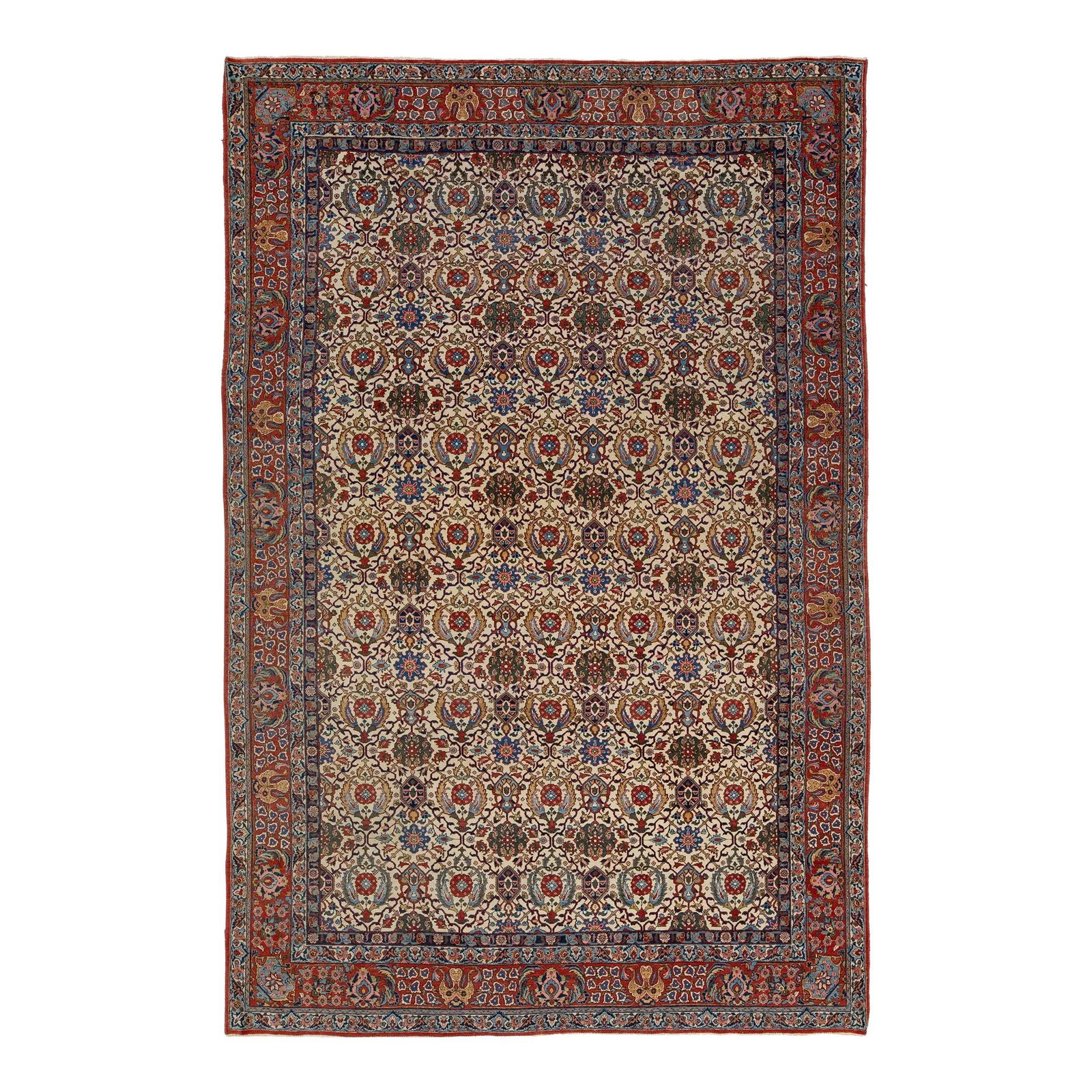 Antique Persian Tehran Hand-Knotted Wool Rug 7'1 x 10'9 Multicolor Floral: Antique Persian Tehran Hand-Knotted Wool Rug 7'1 x 10'9 Multicolor Floral This exquisite antique Persian Tehran rug is hand-knotted from high-quality wool, showcasing a captivating all-over floral pat