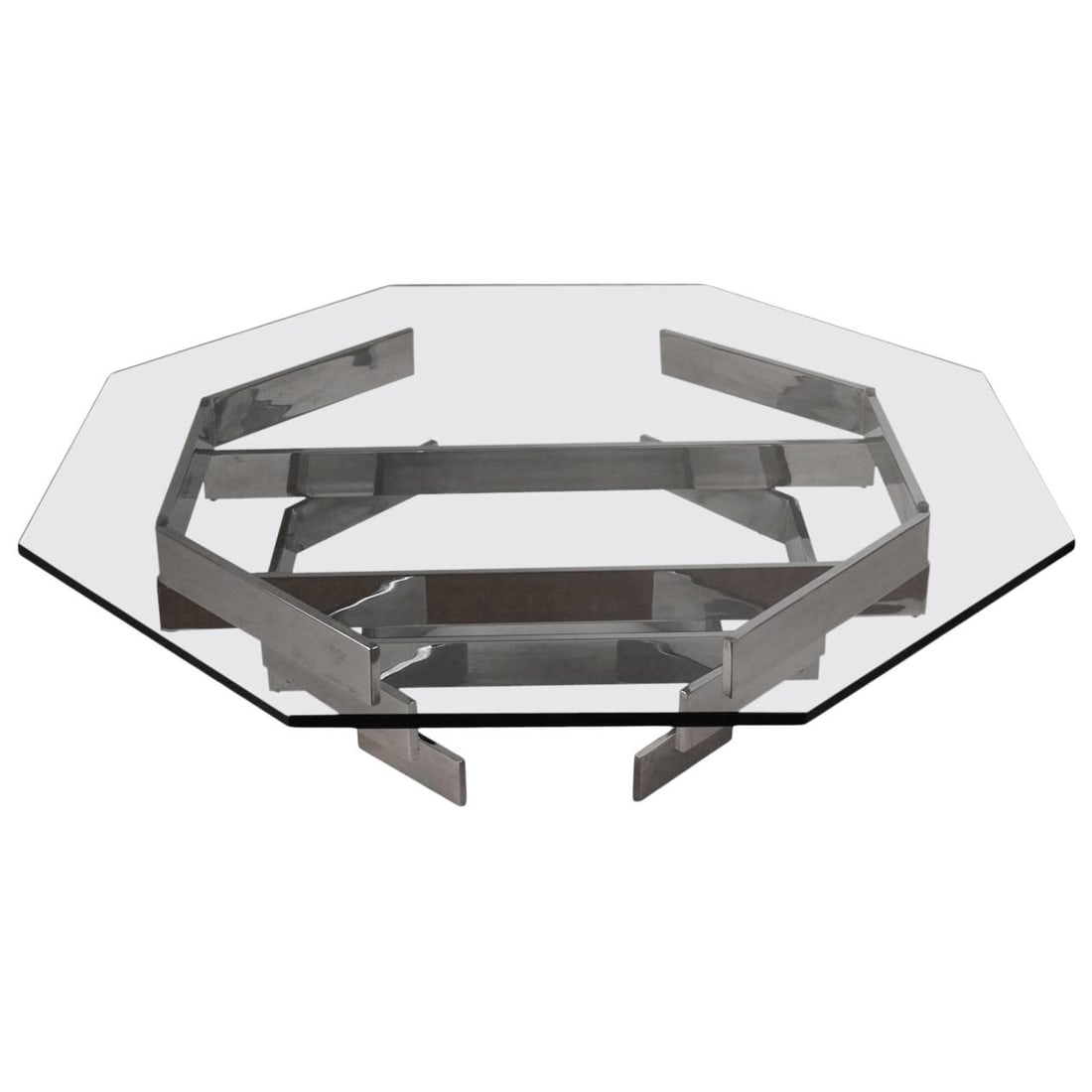 Paul Mayen Art Deco Octagonal Chrome Glass Coffee Table 42": Paul Mayen Art Deco Octagonal Chrome Glass Coffee Table 42" This exquisite octagonal coffee table features a thick (.50") beveled edge glass top that elegantly rests on an interlocking base made of br