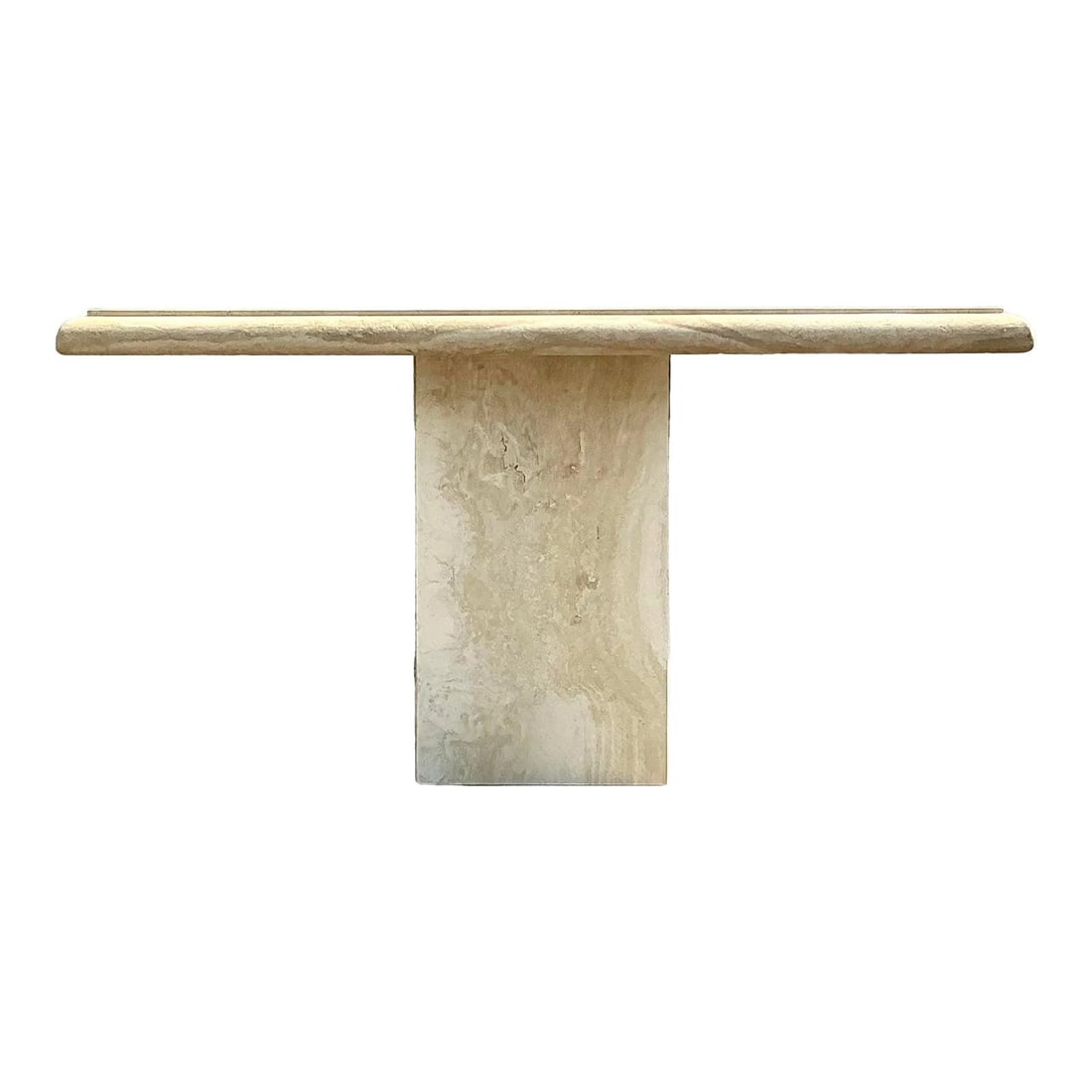 Vintage Boho Travertine Console Table with Bullnose Edge: Vintage Boho Travertine Console Table with Bullnose Edge Enhance your home with this vintage boho bullnose travertine console table. Crafted from solid travertine, it showcases a smooth bullnose edge