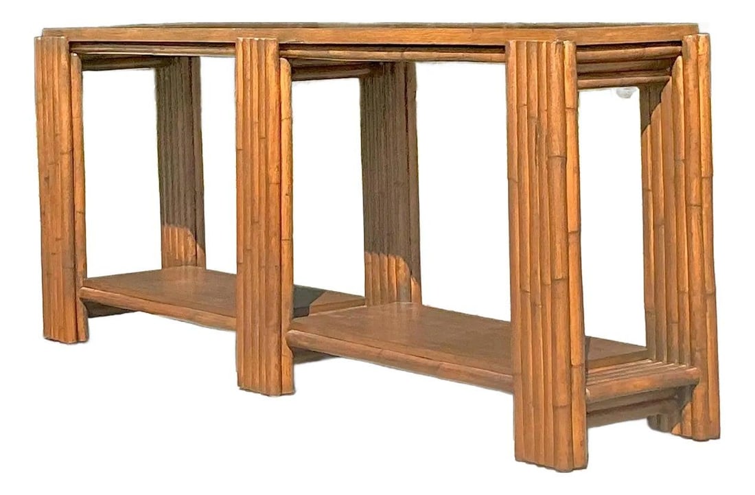 Vintage Coastal Rattan Console Table with Open Shelving: Vintage Coastal Rattan Console Table with Open Shelving Enhance your living space with this exquisite vintage coastal rattan console table, showcasing a rich honey-toned bamboo-style wood frame that e