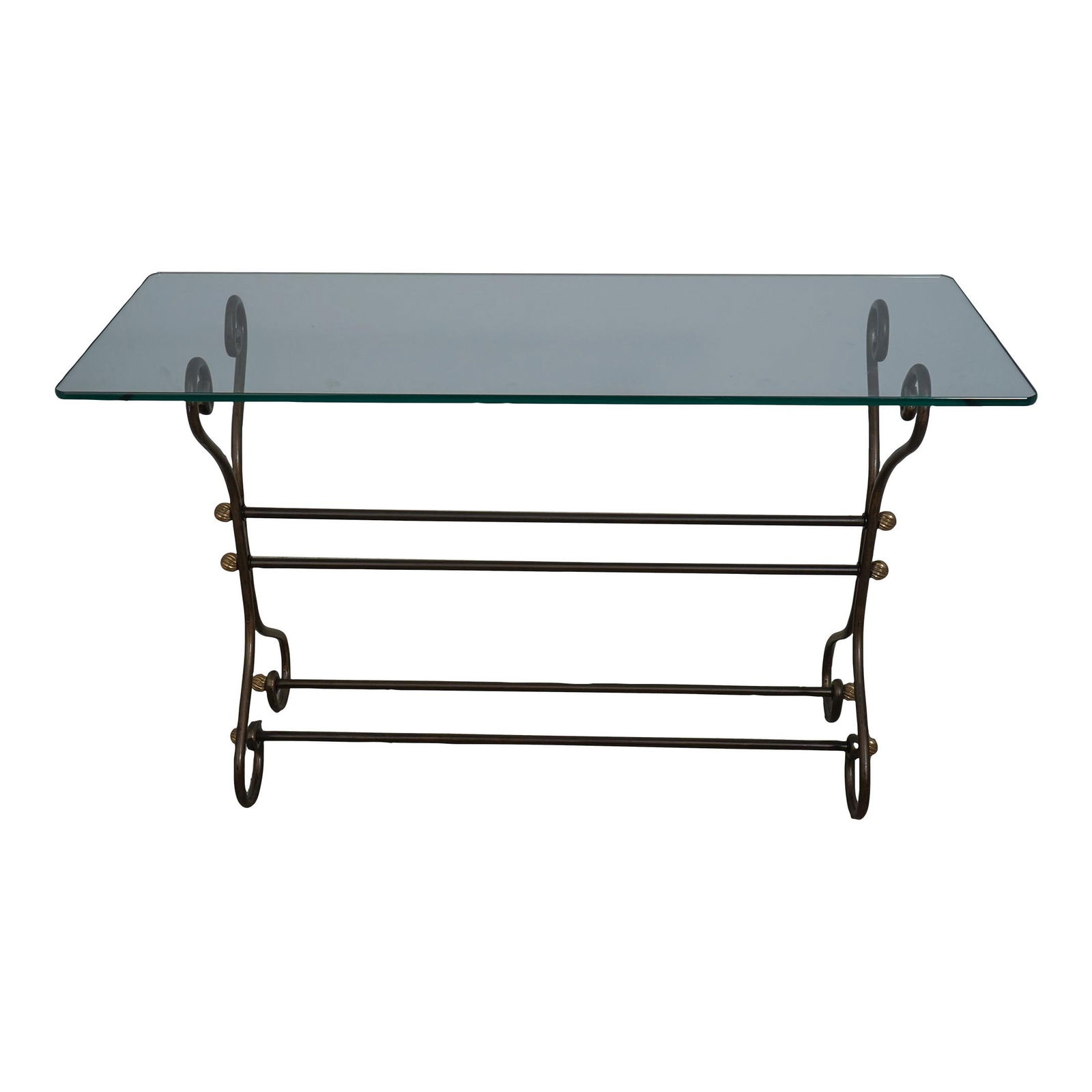 Elegant Scrolled Iron Console Table with Brass Finial 48 x 18 x 29.5: Elegant Scrolled Iron Console Table with Brass Finial 48 x 18 x 29.5 This elegant scrolled iron base console or sofa table combines style and durability, showcasing high-quality construction. The piec
