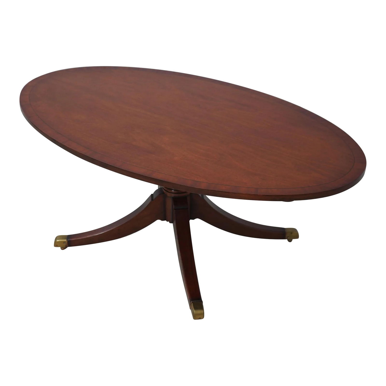 Elegant English Duncan Phyfe Mahogany Coffee Table 48 x 27.5 x 19: Elegant English Duncan Phyfe Mahogany Coffee Table 48 x 27.5 x 19 This exquisite English elliptical coffee table showcases a classic design with a sturdy Duncan Phyfe pedestal base and elegant cross-b