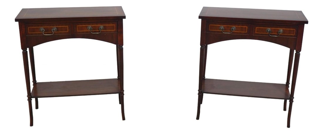 Elegant Pair of Sheraton Style Mahogany Console Tables: Elegant Pair of Sheraton Style Mahogany Console Tables This elegant pair of Sheraton style console tables showcases exquisite craftsmanship with their dovetailed drawer construction. Crafted from rich