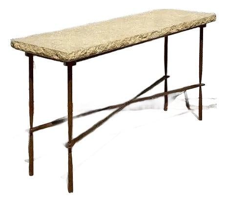 Vintage Boho Console Table Limestone Top Wrought Iron Base 61x19x32: Vintage Boho Console Table Limestone Top Wrought Iron Base 61x19x32 Enhance your home with this Vintage Boho Wrought Iron and Limestone Console Table, showcasing a stunning combination of natural text