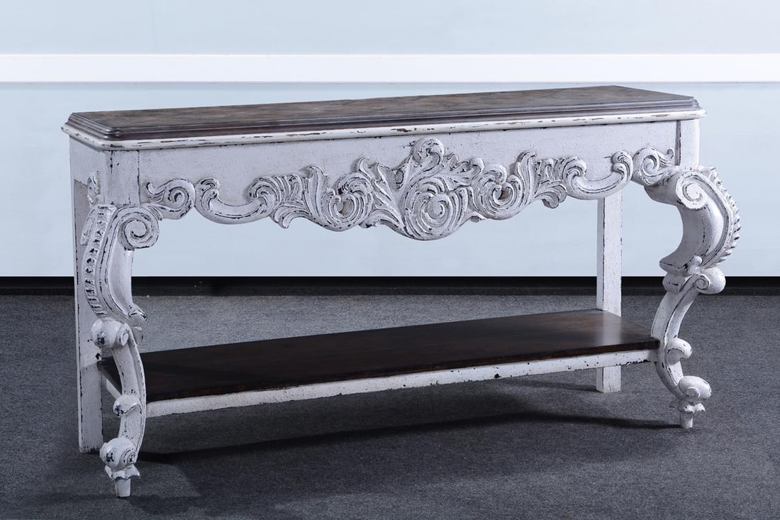 Elegant Antique Style Wood Console with Oak Parquet Top: Elegant Antique Style Wood Console with Oak Parquet Top This elegant console table showcases a stunning antique style with a sophisticated white finish. Crafted with an oak parquetry top and solid woo