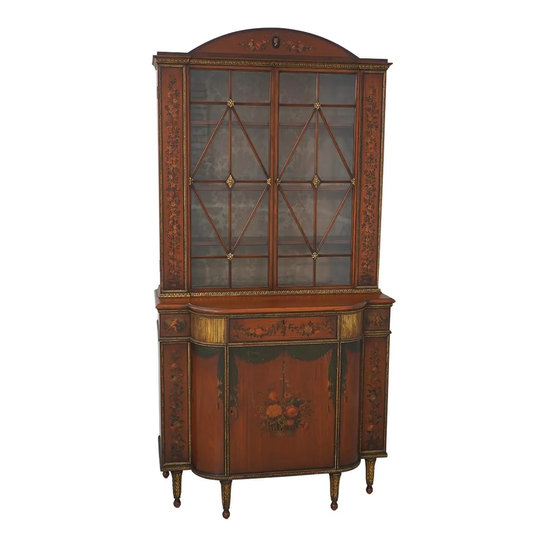 Robert Irwin Attributed Adams Style Satinwood Curio Cabinet with Hand Painted Details: Robert Irwin Attributed Adams Style Satinwood Curio Cabinet with Hand Painted Details This stunning Robert Irwin attributed Adams style curio china cabinet features exquisite hand-painted floral detai