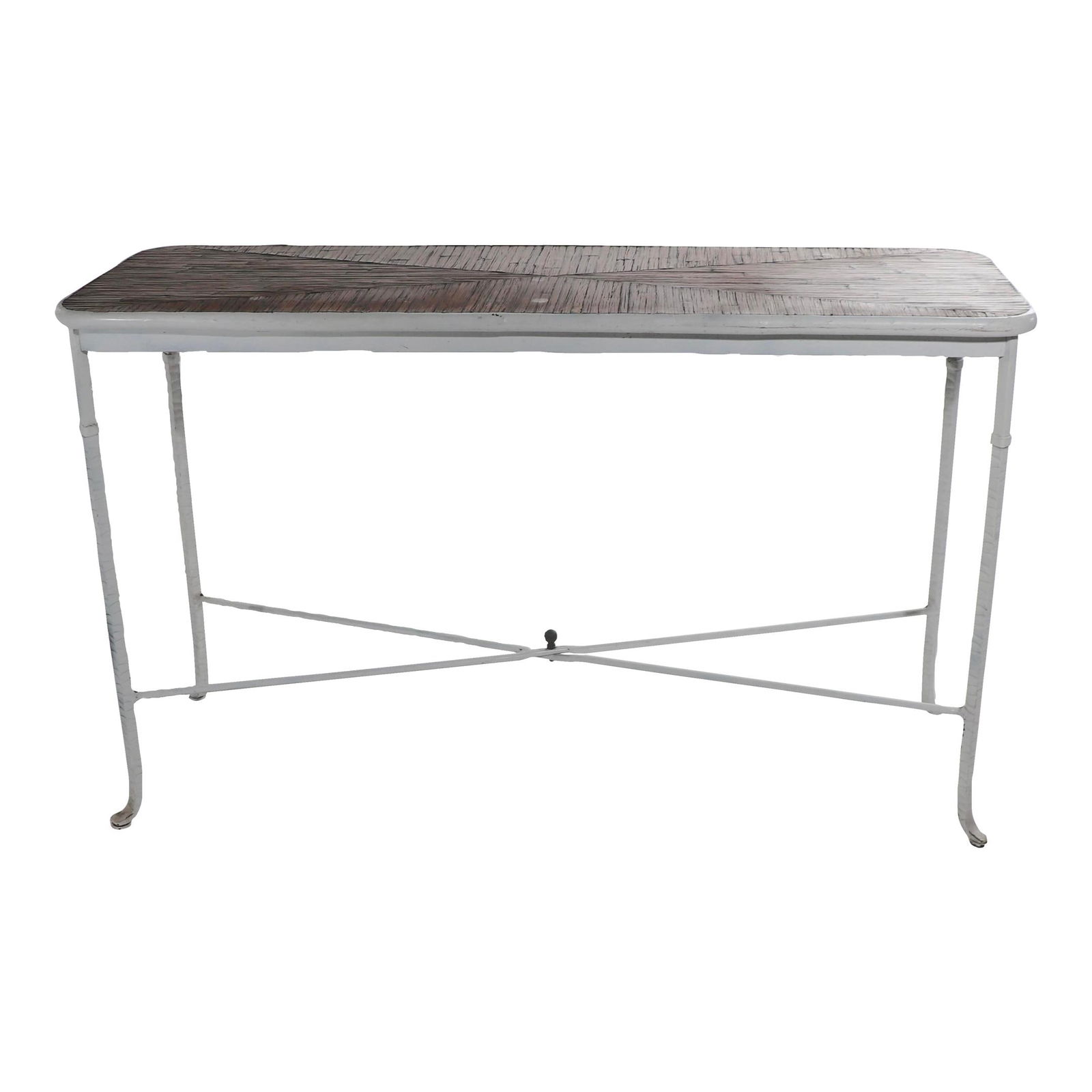 Chic White Wrought Iron Bamboo Console Table 49.5 x 17.0 x 30.5: Chic White Wrought Iron Bamboo Console Table 49.5 x 17.0 x 30.5 Introducing a chic console table that combines style and functionality. This piece features a stunning glass top over a beautifully inla
