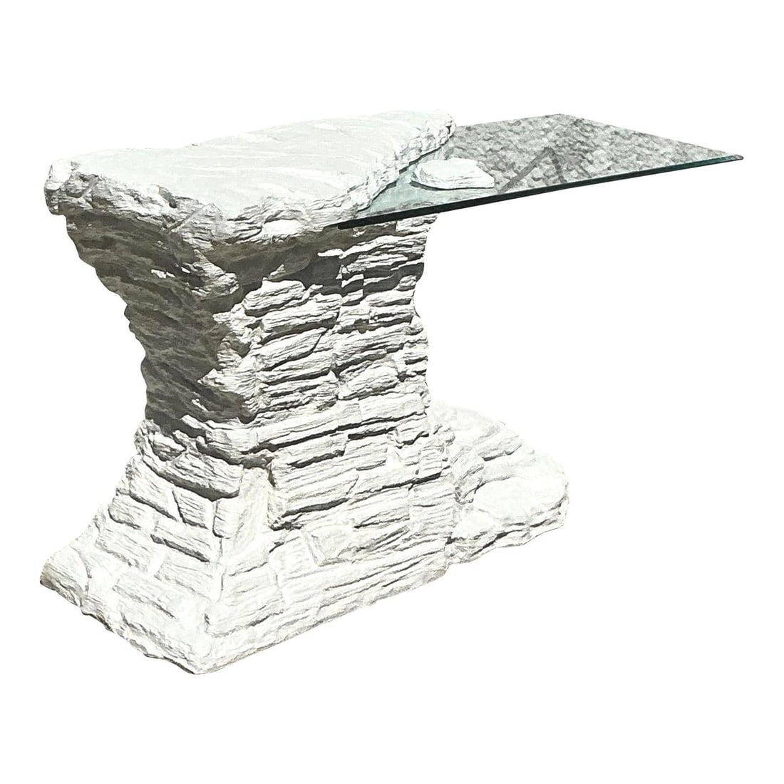 Vintage Sirmos Inspired Plaster Rock Console Table with Glass Top: Vintage Sirmos Inspired Plaster Rock Console Table with Glass Top Transform your space with this vintage console table, showcasing a striking sculptural stacked rock base in plaster inspired by the ic