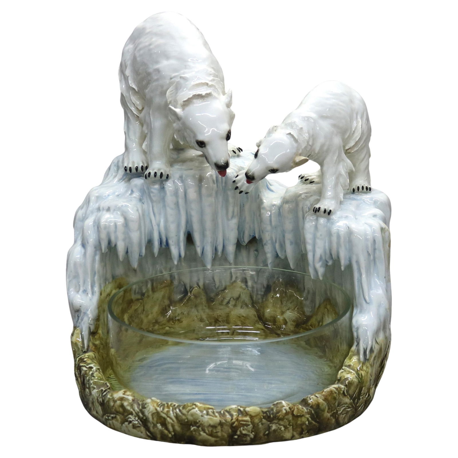 Antique Capodimonte Polar Bear Centerpiece C1900 Porcelain and Glass: Antique Capodimonte Polar Bear Centerpiece C1900 Porcelain and Glass This exquisite antique Capodimonte porcelain centerpiece features a striking polar bear design, complemented by a glass bowl, datin