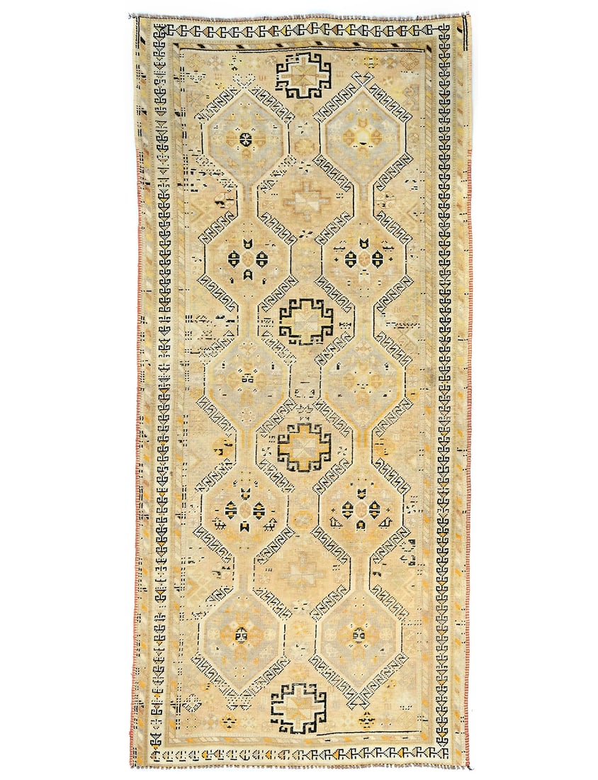 Vintage 4'0 x 8'10 Hand-Knotted Wool Oriental Rug Peach Beige Tribal Design: Vintage 4'0 x 8'10 Hand-Knotted Wool Oriental Rug Peach Beige Tribal Design Enhance your space with this exquisite Semi-Antique Distressed Oriental Rug, a perfect blend of vintage charm and modern fun