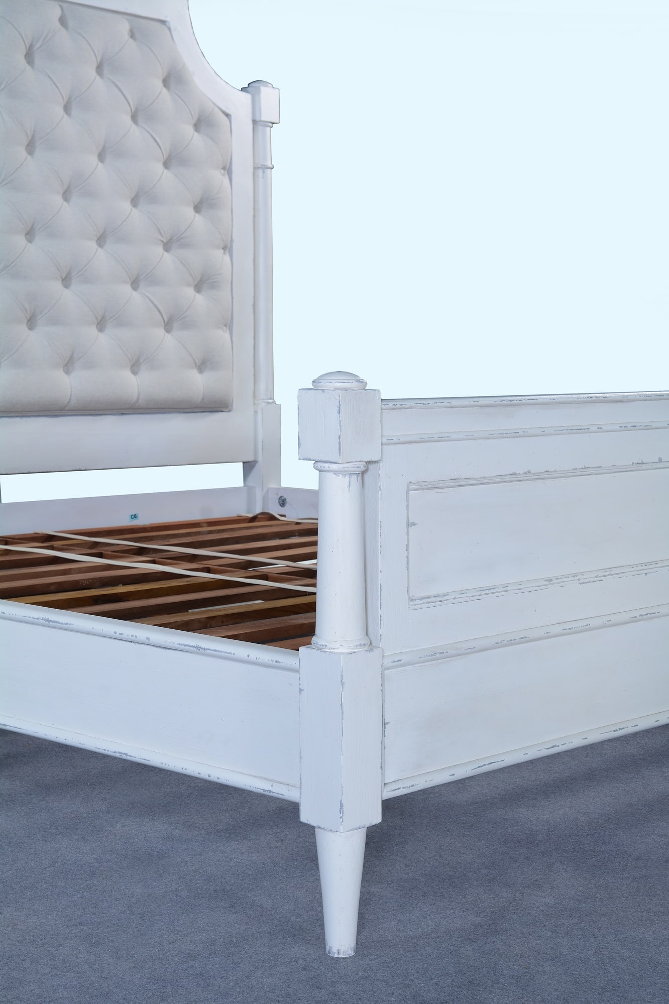 King Upholstered Bed in Antique White Performance Sand Linen: King Upholstered Bed in Antique White Performance Sand Linen Elevate your bedroom with the Tufted Performance Sand Linen Headboard King Bed, a stunning piece that blends vintage charm with modern comf