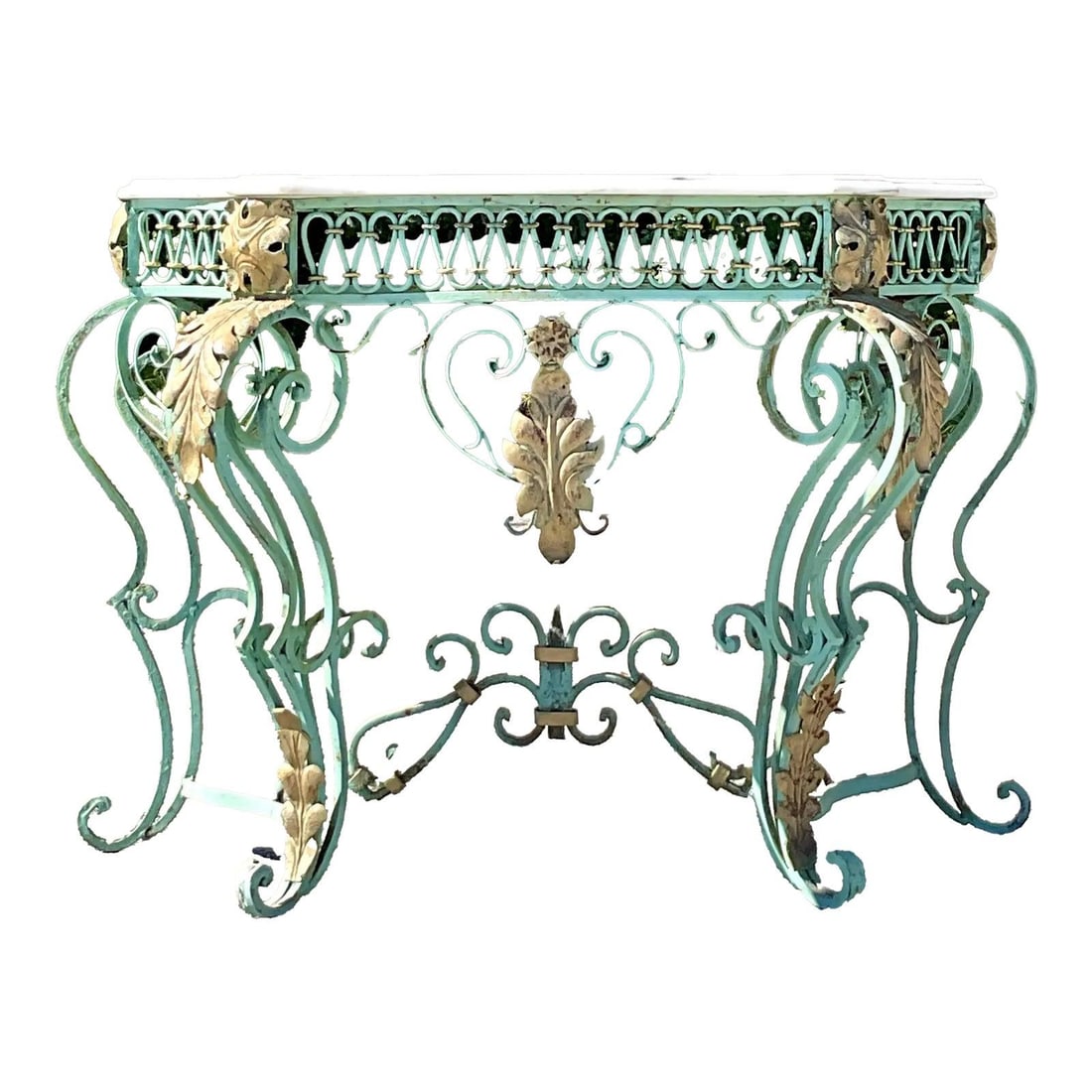 Regency Style Wrought Iron Console Table with Marble Top 44 x 30 Verdigris: Regency Style Wrought Iron Console Table with Marble Top 44 x 30 Verdigris This vintage console table is a stunning representation of Regency elegance, featuring a luxurious marble top with natural ve