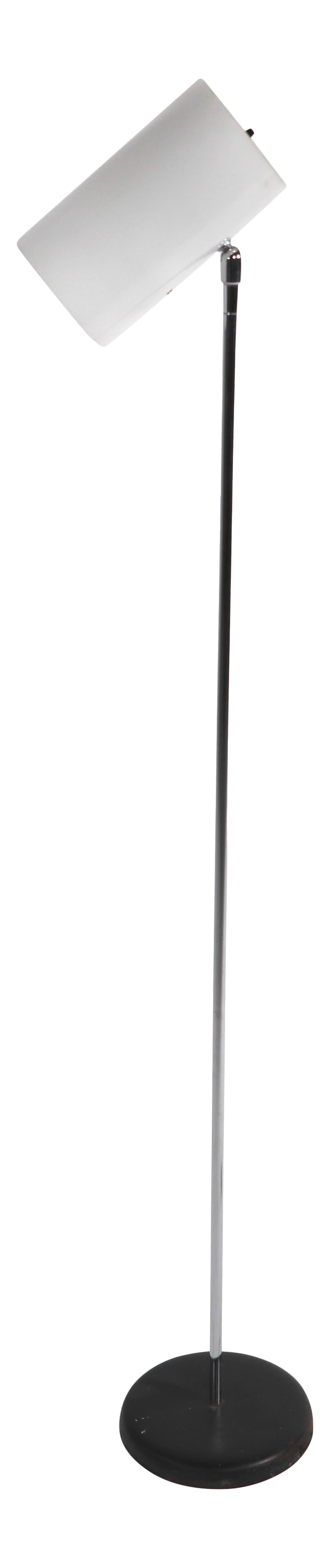 George Kovacs 1970s Chrome Plastic Cylinder Can Shade Floor Lamp 50": George Kovacs 1970s Chrome Plastic Cylinder Can Shade Floor Lamp 50" This classic post-modern floor lamp, designed by George Kovacs in the 1970s, features a striking combination of white plastic and b